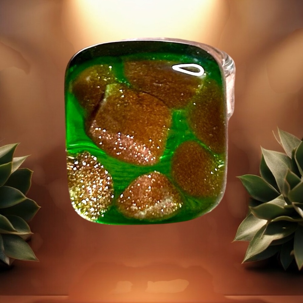 GREEN GLASS RING w/SPARKLY COPPER Unique Boho Handmade In Mexico Sz 6